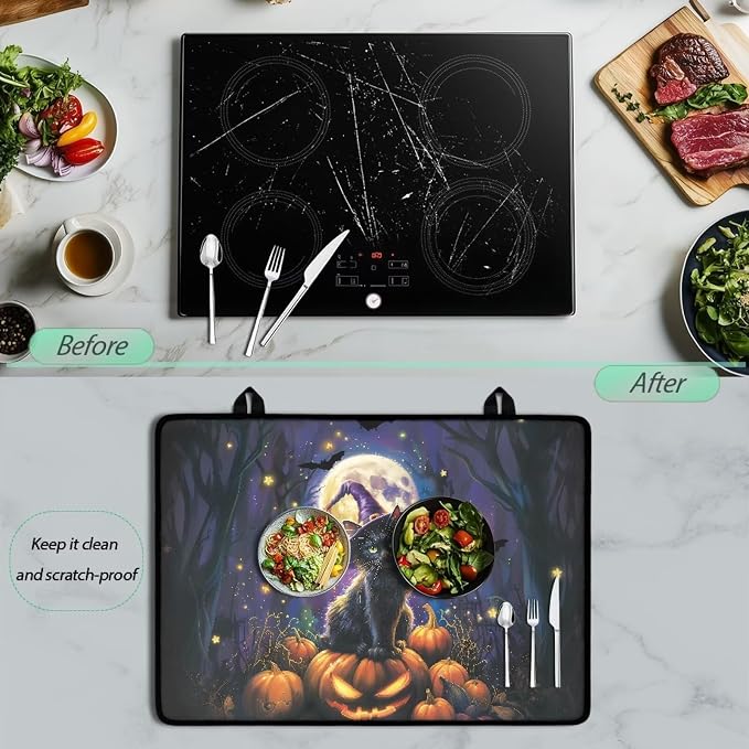 Dark Halloween Cat Pumpkin Cover for Stove Top, Heat Resistant Silicone Stove Mat, Non-slip Ceramic Glass Electric Stovetop Cover, Cute Dish Drying Mat, Halloween Gifts for Family