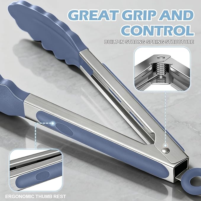 Stainless Steel Kitchen Tongs with Silicone Tips, Locking Grilling Food Tongs, 9" and 12", Set of 2 Blue