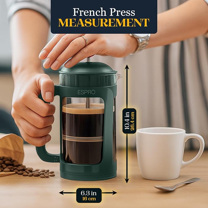 ESPRO P3 French Press Coffee Maker, 32oz, Green, Double Micro Filter Press | Grit-Free Coffee Press, Thicker Borosilicate Heat Resistant Glass french press, Tea Press, Easy Coffee Brewer, Tea Brewer