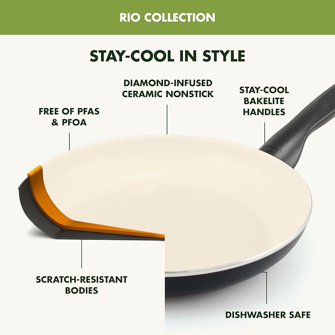 GreenPan Rio 11" Square Griddle Pan, Ceramic Nonstick Cookware, PFOA and PFAS-Free, Stay-Cool Bakelite Handle, Black