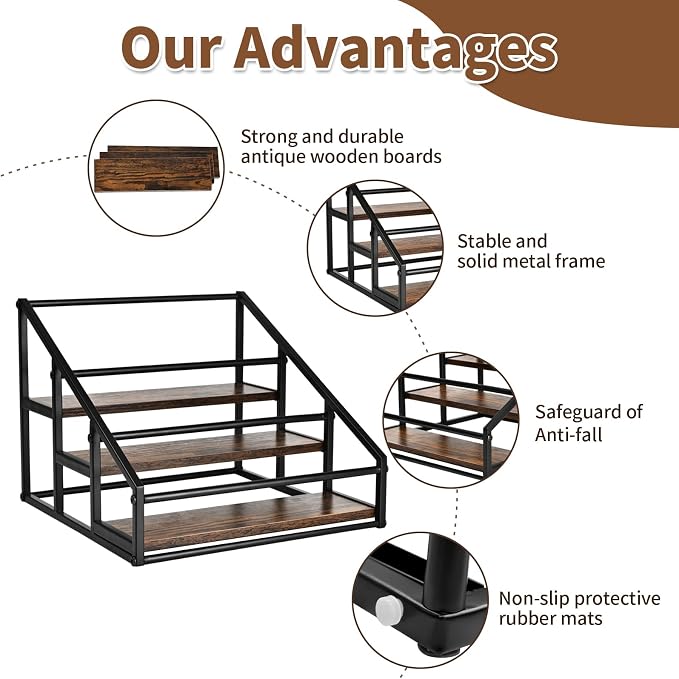 YQBRAO 3-Tier Coffee Syrup Organizer, 12-Bottle Rack, Rustic Brown | Holds up to 12 bottles with stepped visibility and a compact footprint for coffee bars, kitchens, and syrup stations.