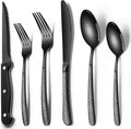 EWFEN 24-Piece Black Silverware Set with Steak Knives, Black Flatware Set for 4, Food-Grade Stainless Steel Tableware Cutlery Set, Mirror Finished Utensil Sets for Home Restaurant, Round Hammered