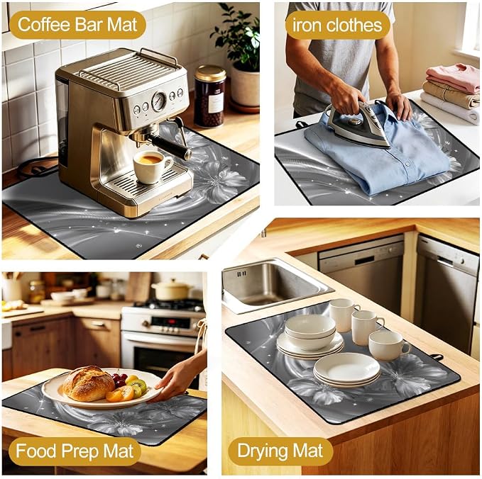 Silver Flower Stove Top Cover 28x20 Inch Decorative Glass Stove Cover | Heat Resistant Cooktop Protector Mat with Non-Slip Backing, Scratch Protection and Countertop Drying Mat.