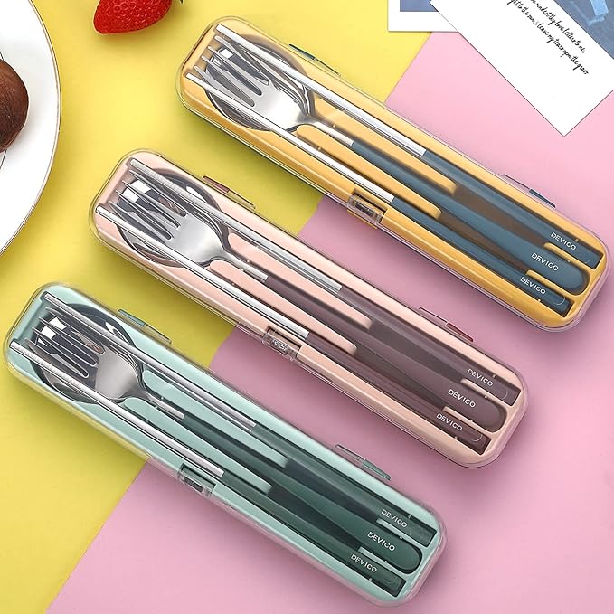 DEVICO Travel Utensils with Case, 18/8 Stainless Steel Silverware for Lunch | 4Pcs Portable Reusable Travel Cutlery Set, Korean Chopsticks Fork and Spoon Set for Camping/Picnic/Work/Gadgets/School, Blue