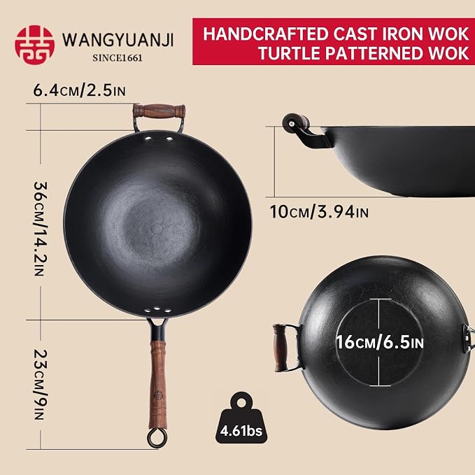 WANGYUANJI 14.1" Cast Iron Wok with Glass Lid, Flat Bottom | Uncoated cast iron wok with glass lid for stir-frying on induction, gas and electric stoves.