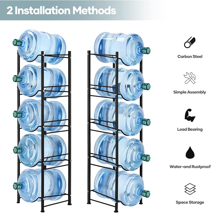 MOOACE 5 Gallon Water Jug Holder, 5 Tier Water Cooler Jug Rack, Black | Heavy Duty Water Bottle Holder Organizer, Detachable Water Dispenser Rack for Kitchen, Living Room, Office