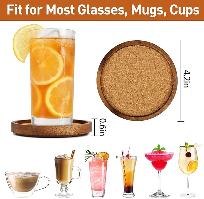 Stackable Wood Absorbent Cork Coaster Set of 4 for Drink, Home Decor | Stackable (Compact Design), 4.25 inch Large, Extra Thick, Absorbent Cork Coasters Set for Tabletop Protection