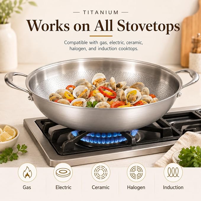 14 Inch Titanium Hammered Wok with Double Handles, Frying Pans Nonstick, Non-Stick Wok, Scratch-Resistant Non Stick Titanium Pans for Cooking,No lid