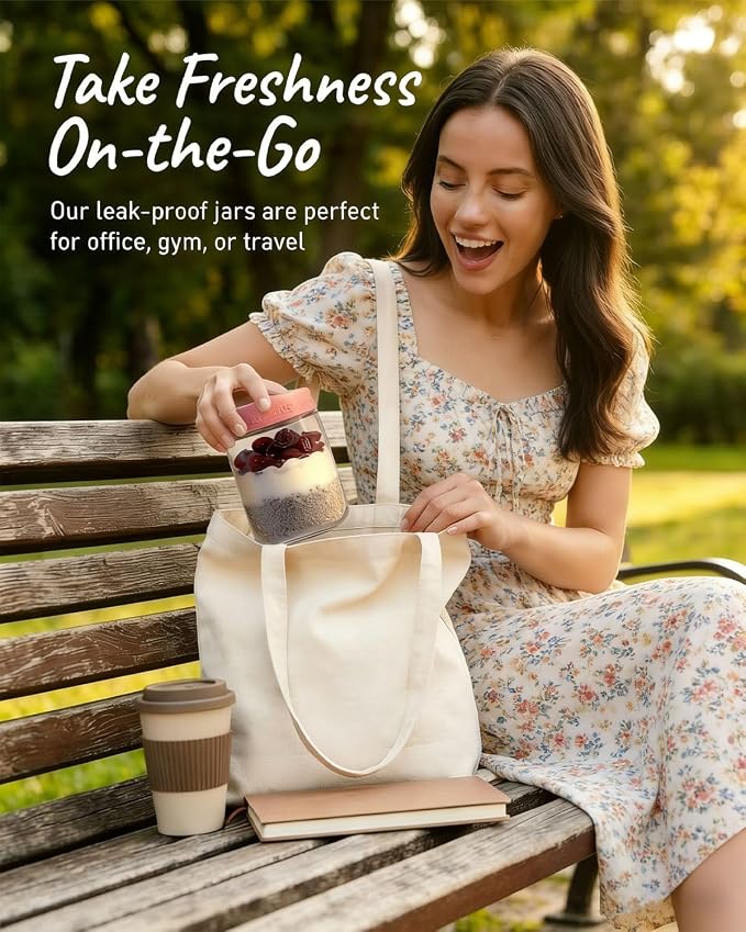 16 oz 4-Pack Overnight Oats Containers with Lids | Glass jars with Airtight Lids, Wide mouth Mason jars, Leakproof and Reusable Food Storage Jars (4-2)