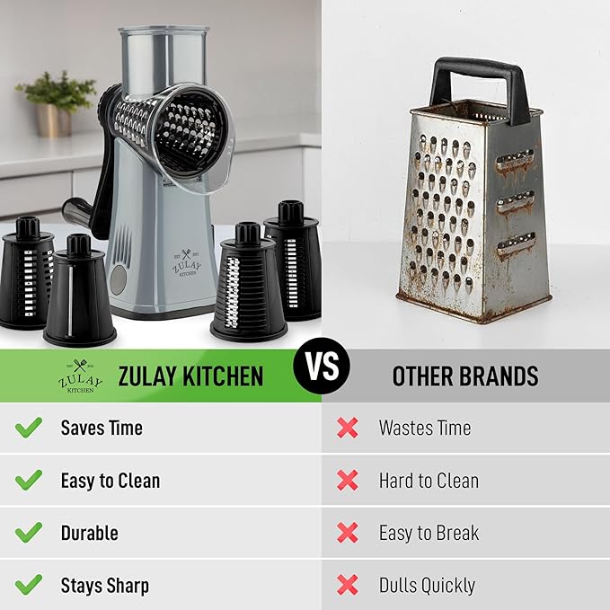 Zulay Kitchen Rotary Cheese Grater 5 Blade Cheese Shredder - Manual Hand Crank Cheese Grater With Reinforced Suction & 5 Interchangeable Drums - Easy to Use, Vegetable Chopper Round Mandoline Slicer