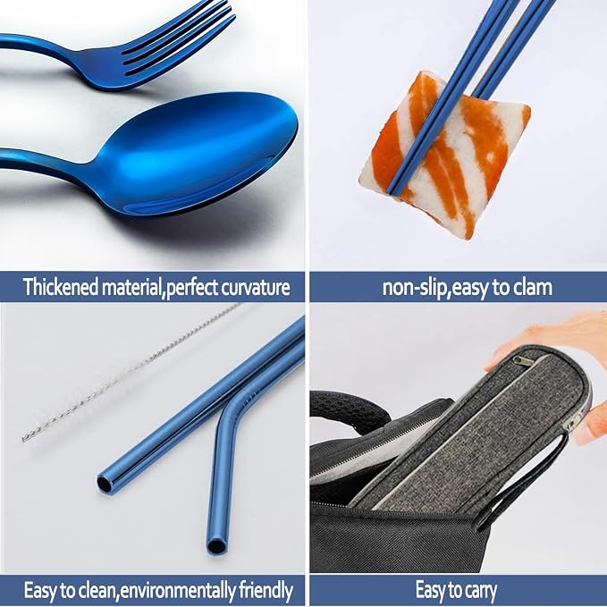 Portable Reusable Travel Utensils Silverware With Case, Camping Cutlery Set, Chopsticks and Straw, Flatware With Case, Stainless Steel Top (Blue)