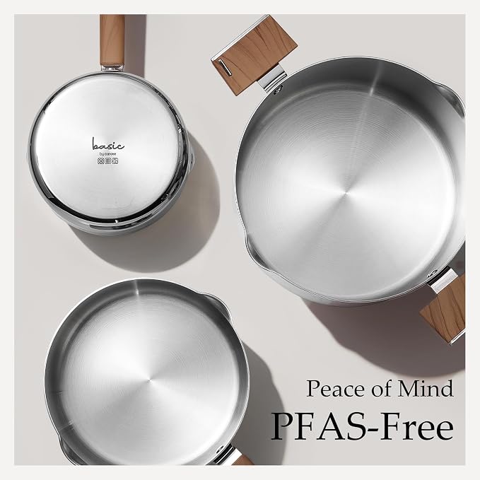 CAROTE1.5Qt & 3Qt Stainless Steel Saucepan Set, Triple Ply Stainless Steel Pot, Saucepan with Glass Lid, Small Sauce Pot with Wooden Handle, Easy Pour Rim