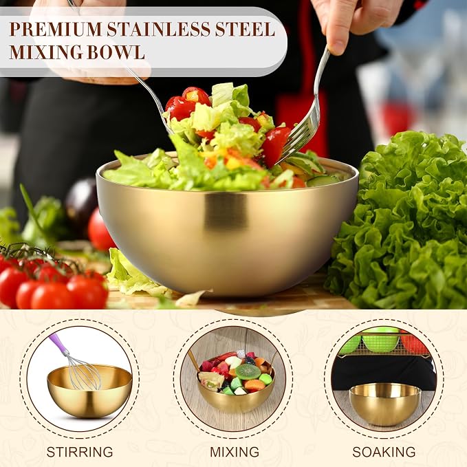Nuogo 10 Pcs Gold Bowls 7.9 Inch Stainless Steel Mixing Bowls Decorative Esthetician Bowl for Facial Metal Serving Bowl for Holiday Birthday Party Wedding Baking Prepping Salad Fruit Soup