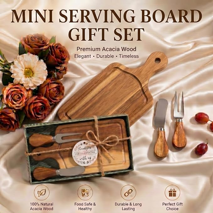 8 Sets Bridal Shower Favor Prizes Charcuterie Board,Acacia Color | Acacia Wood Cheese Board with Knife Fork Thank You Tag, Gift Box for Guests, Valentines Wedding Baby Shower Party Favors