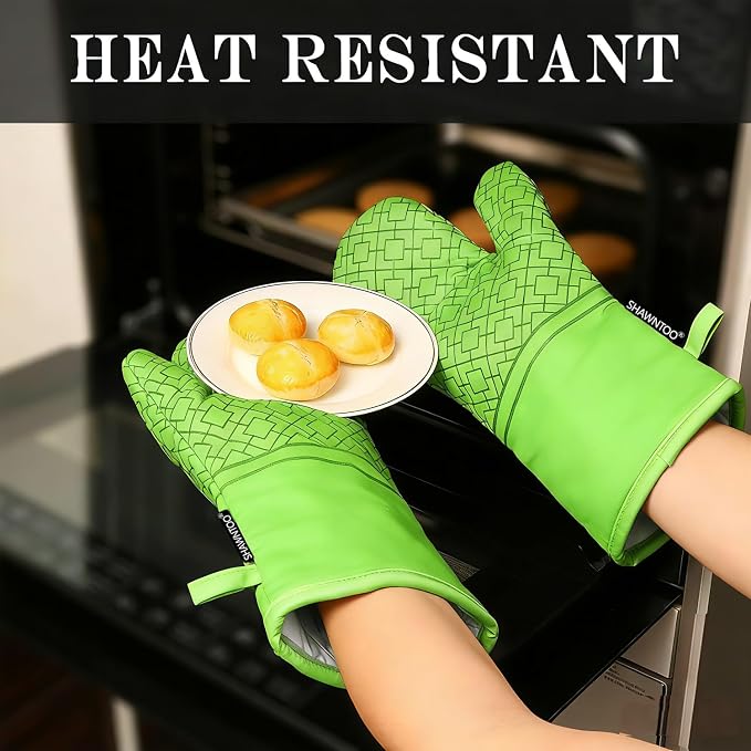Oven Mitts and Pot Holders Sets 6pcs, Kitchen Oven Glove,High Heat Resistant 550 Degree Extra Long Oven Mitts and Potholders with Non-Slip Silicone Surface for Home Essentials (Grey) (Meadow Green)