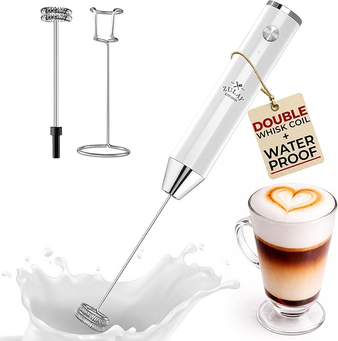 Zulay Kitchen Rechargeable Milk Frother Handheld - Frother Wand, Drink Mixer, Electric Whisk Frother, for Cappuccinos, Matcha & Protein Powder - Lux Double Whisk 2 Speed Waterproof 2000mAh White