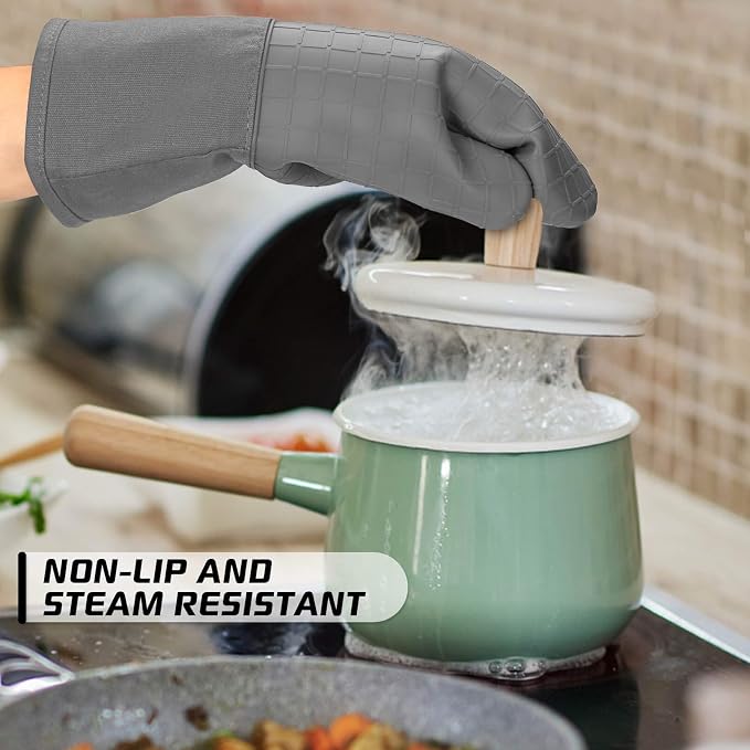 BPA-Free Soft Silicone 4 Piece Oven Mitts & Pot Holders Set - Ultra Heat Resistant Oven Mitts with Thick Cotton Liner - Long Slip Resistant Pot Holders, Flexible Oven Gloves - Gray