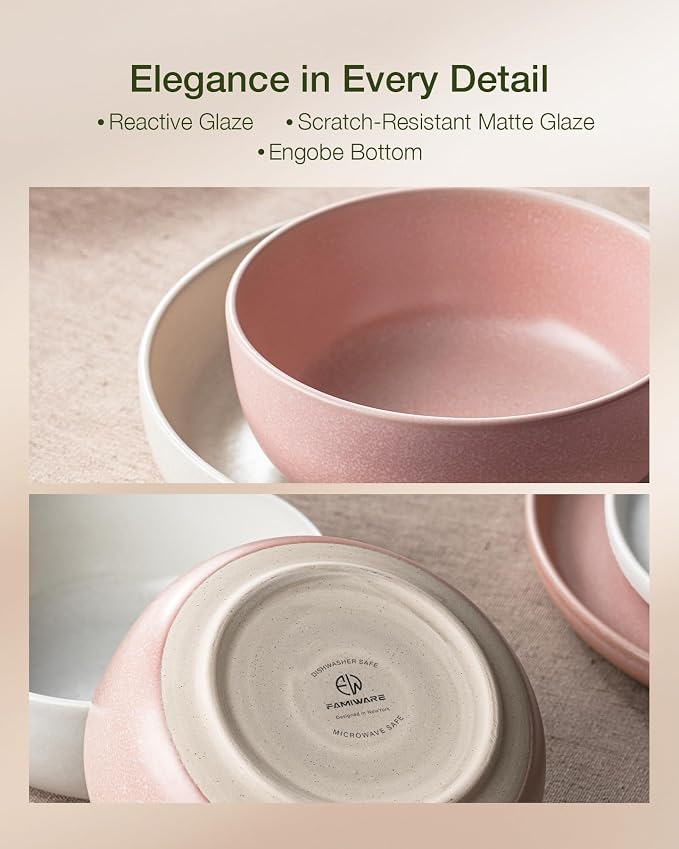 Famiware Milkyway 12-Piece Dinnerware Set, Matte Beige White & Light Pink | Stoneware Plates and Bowls for 4, Reactive Glaze Dish Set, Microwave & Dishwasher Safe, Chip & Scratch Resistant