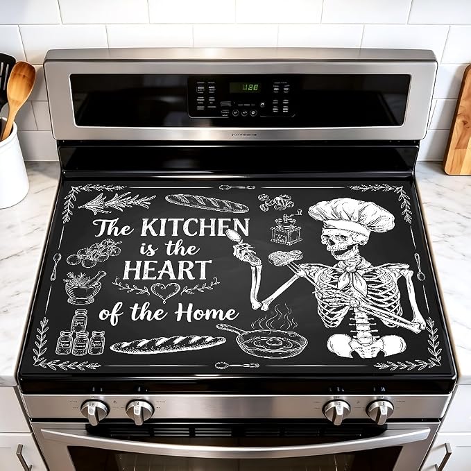 Skeleton Stove Top Cover for Electric Stove, 28x20 In, Glass Mat | Non-slip washable cooktop protector; doubles as dish drying mat, counter, food prep, ironing pad; gothic skull kitchen decor