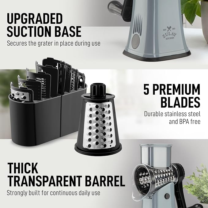 Zulay Kitchen Rotary Cheese Grater 5 Blade Cheese Shredder - Manual Hand Crank Cheese Grater With Reinforced Suction & 5 Interchangeable Drums - Easy to Use, Vegetable Chopper Round Mandoline Slicer
