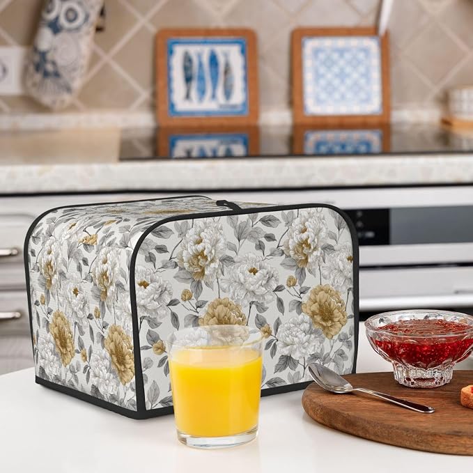 4 Slice Toaster Cover Rustic Flower Peony Floral Dust Proof Washable Kitchen Appliance Cover with Pocket, Oxford Fabric Countertop Toaster Protector for Standard Toasters Small Appliances