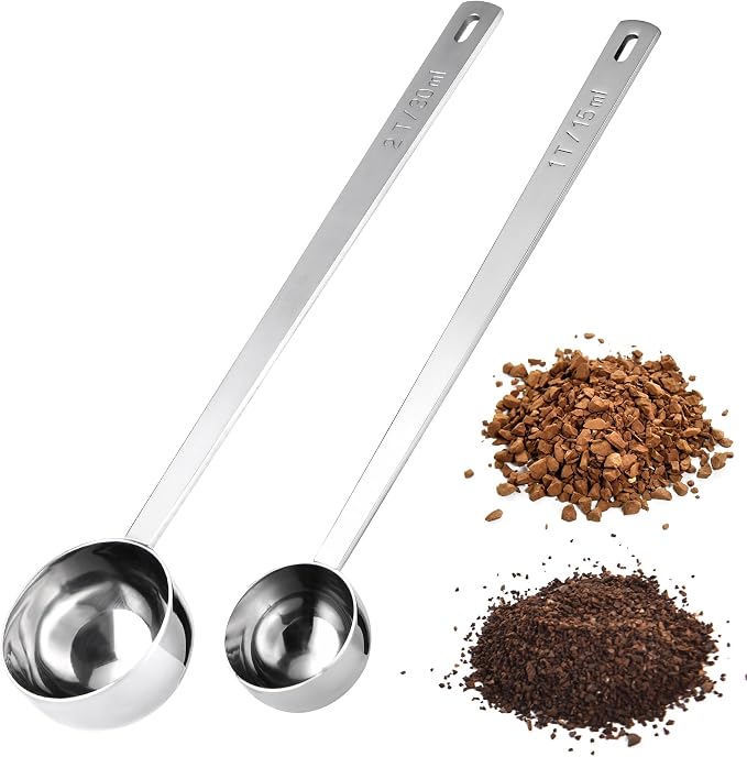 Doosu Metal 6.9in Long Handle Coffee Scoop for Ground Coffee (1 & 2 Tbsp) | Food-Grade 18/8 Stainless Steel Measuring Spoon, Tablespoon Scooper for Coffee Beans, Espresso, Protein Powders, Tea, Sugar