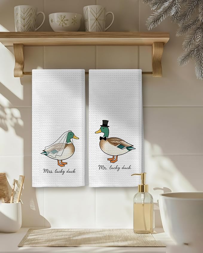 Funny Mallard Duck Mr and Mrs Kitchen Towels, Wedding Gifts for Couples Newlyweds Dish Tea Towels for Kitchen Decor, Just Married Gifts Decorative Hand Towel for Bathroom, 16x24 Inch Set of 2