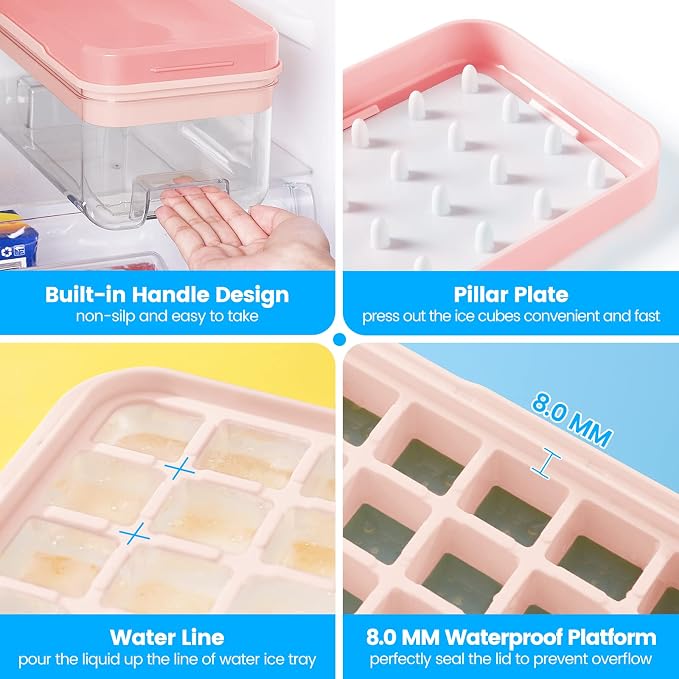 1" Ice Cube Tray with Lid and Bin, Easy Release 64 Cubes for Freezer | Food-grade BPA-free PP and ABS. 1" x 64pcs ice cubes for fruit whiskey, cocktails. Space-saving, stackable with scoop