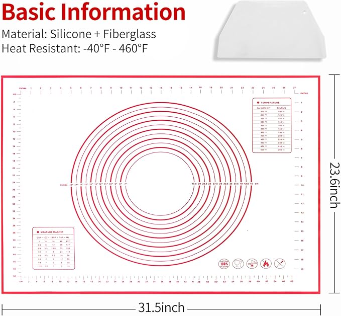 Silicone Baking Mat, 32x24 inch Non Stick Kneading Mat for Rolling Dough | Anti-slip, Heat Reststant, Dishwasher Safe, With Cable Ties &Crem Scraper, With Measurement