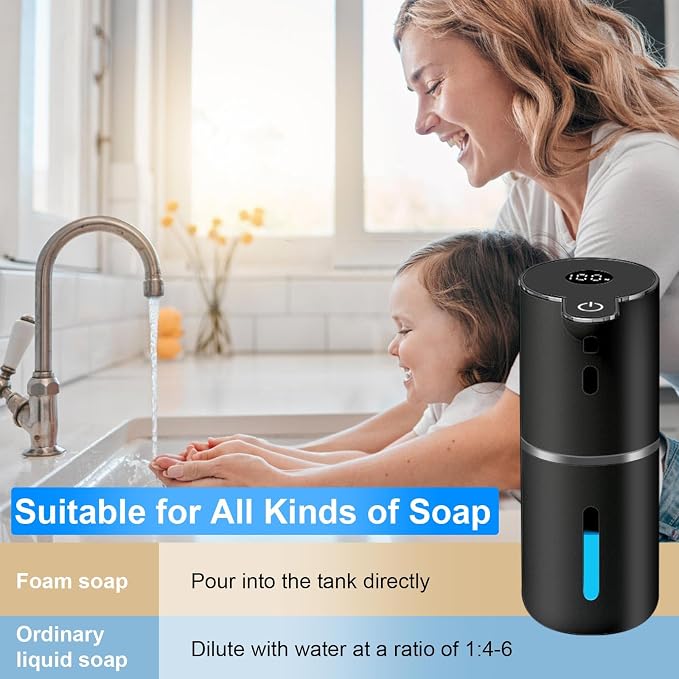 OHIFAST Automatic Foaming Soap Dispenser Touchless, USB Rechargeable Smart Hand Soap Dispenser, 6-Level Adjustable, 12.8oz/380mL, Compatible with Thick Thin Dish Soap for Bathroom Kitchen-Black