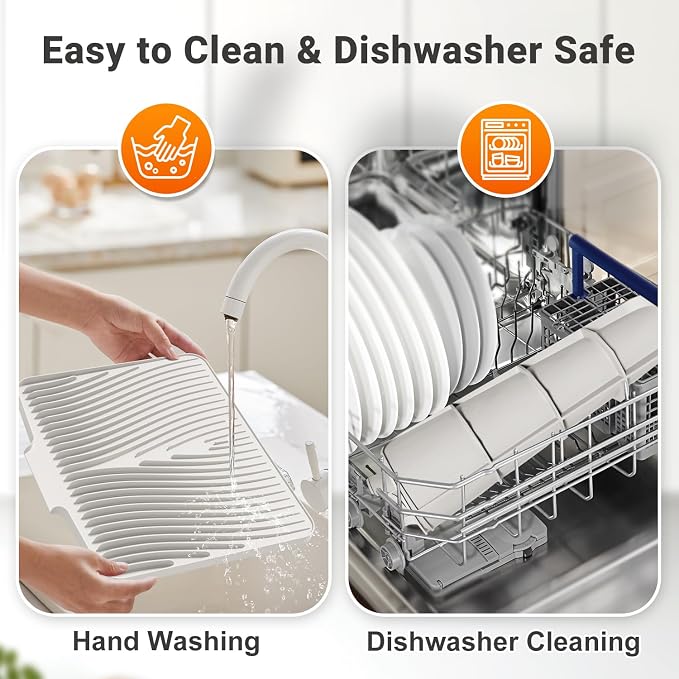 Silicone Dish Drying Mat for Kitchen counter | 15.8"x13" Dish Drainer Mat,Heat-Resistant Kitchen Counter Mat & Over-Sink Drying Tray,Can Be Hung, Cream