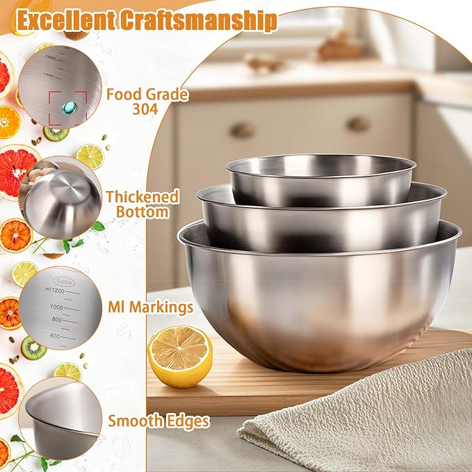 TINSKY 3 Pcs Stainless Steel Mixing Bowls Set Food Grade 304 Metal Nesting Prep Bowls for Kitchen Cooking Baking Salad, Dishwasher Safe (1.5, 2.2, 3.4 Qt)