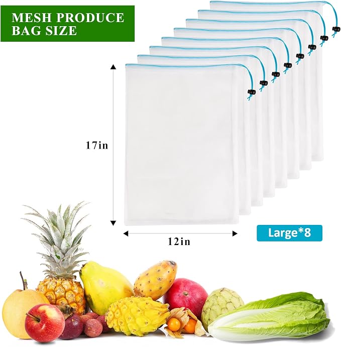 8 Reusable Blue Mesh Produce Bags - Large (12"x17") Washable See-Through Mesh for Fruit, Veg, Toy Storage