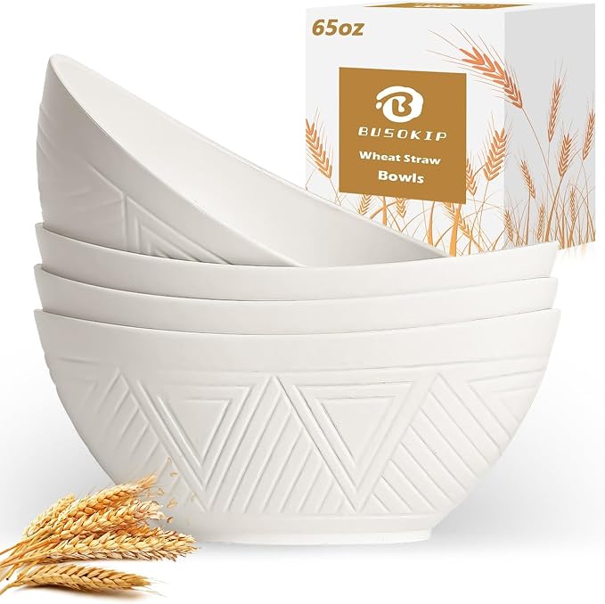 65 OZ Big Bowl Set - Wheat Straw Bowls Unbreakable Salad Bowls Set of 4, Plastic Bowl Reusable for Kitchen, Camping, Party, Popcorn, Microwave & Dishwasher Safe Bowl (White)