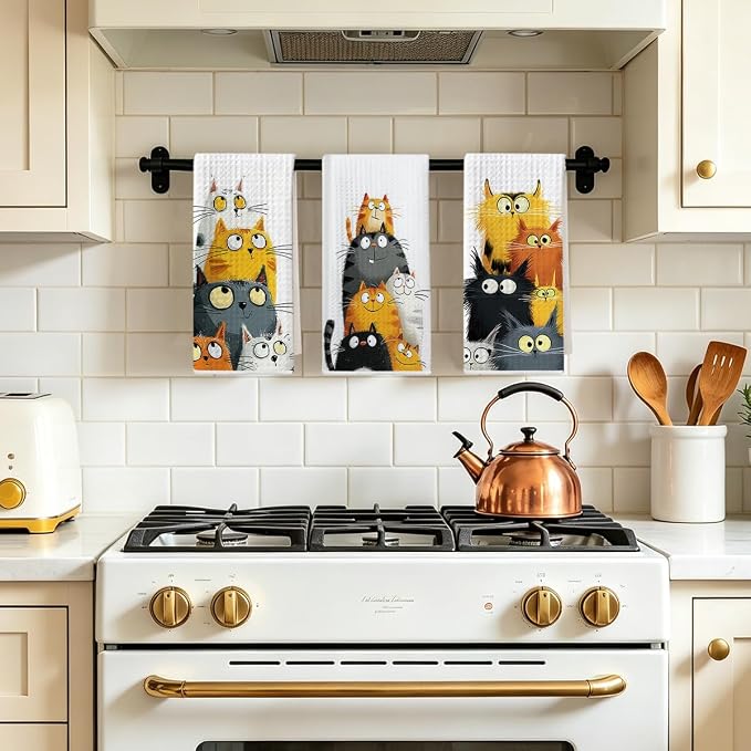 3 Pcs Cute Cat Kitchen Towels, Funny Cats Gifts Absorbent Hand Towels-05 | Cat Dish Cloths for Drying Dishes, Cats Waffle Dish Towels for Kitchen Home Bathroom Decor, Cat Lover Gifts for Women Mom