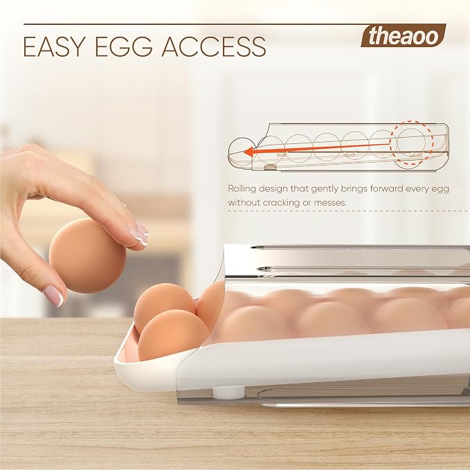 theaoo Egg Holder for Fridge, Automatic Rolling Egg Container, White, 1Pack | Quick Removable Inner Tray For Easy Egg Loading. Stackable Egg Dispenser For Refrigerator Storage And Organization
