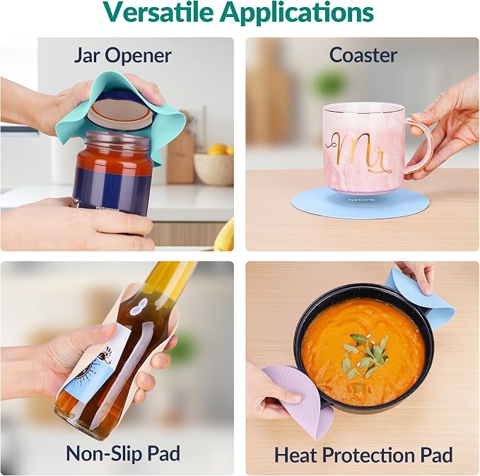 NiHome Silicone Jar Opener Gripper Pads, 6 In for Seniors, Macaron, 4 Pack | Textured Back Pattern For Superior Grip, Food-Grade Silicone, Heat-Resistant Multi-Use Kitchen Pad For Jars, Pots, Spoons
