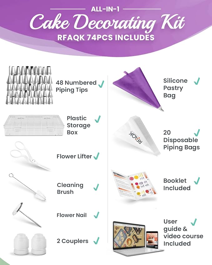 RFAQK 74 PCs Icing Piping Bags and Tips Set, Cake Decorating Kit with 48-Numbered Piping Tips, 20+1 Pastry Bags for Cookie Cupcake Cake Decoration, with Booklet and E-book (Purple)