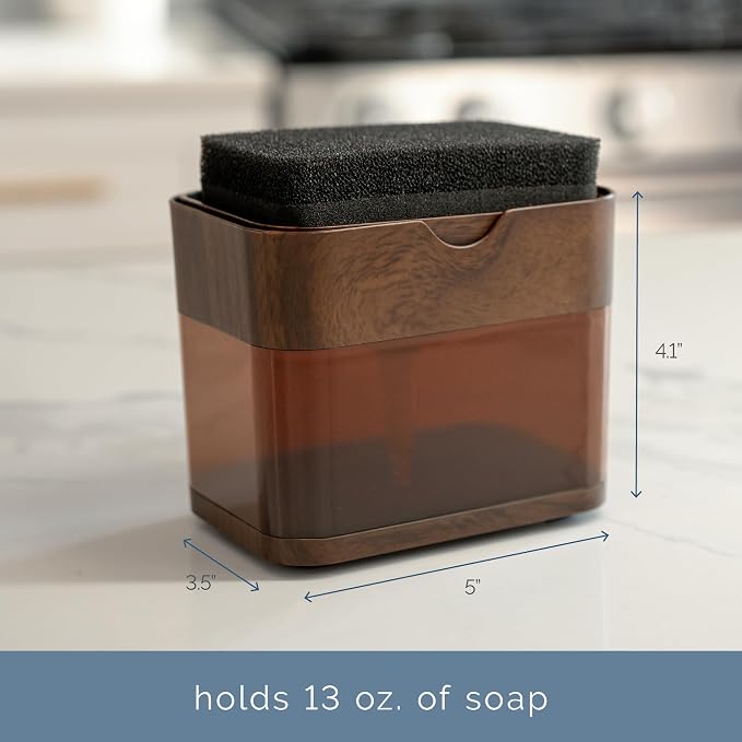 S&T INC. Dish Soap Dispenser and Sponge Holder, Plastic Walnut and Amber | Patented Design, Holds 13 Fluid Ounces, Sponge and Waterproof Labels Included, Non-Slip Feet