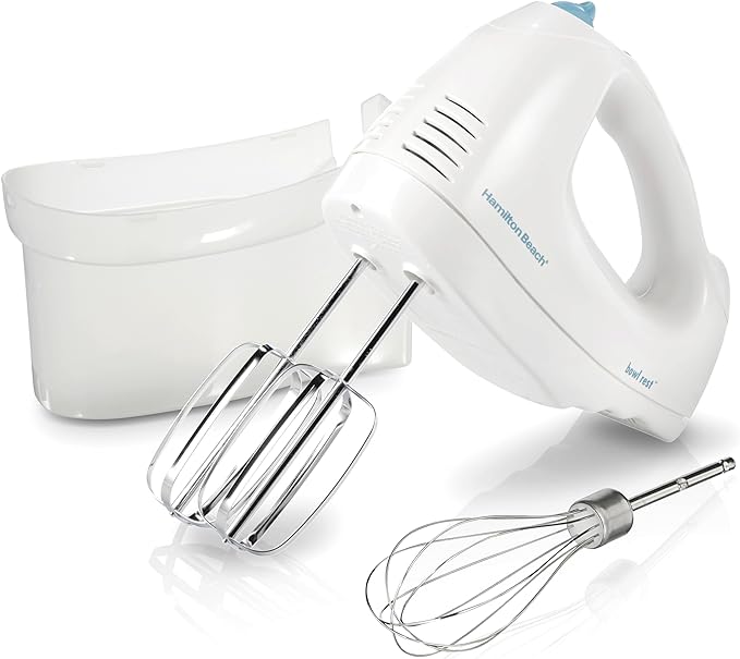 Hamilton Beach 6-Speed Electric Hand Mixer With QuickBurst and Bowl Rest | Powerful 250 Watt Motor | Traditional Beaters | Snap-On Storage Case | White | 62682G