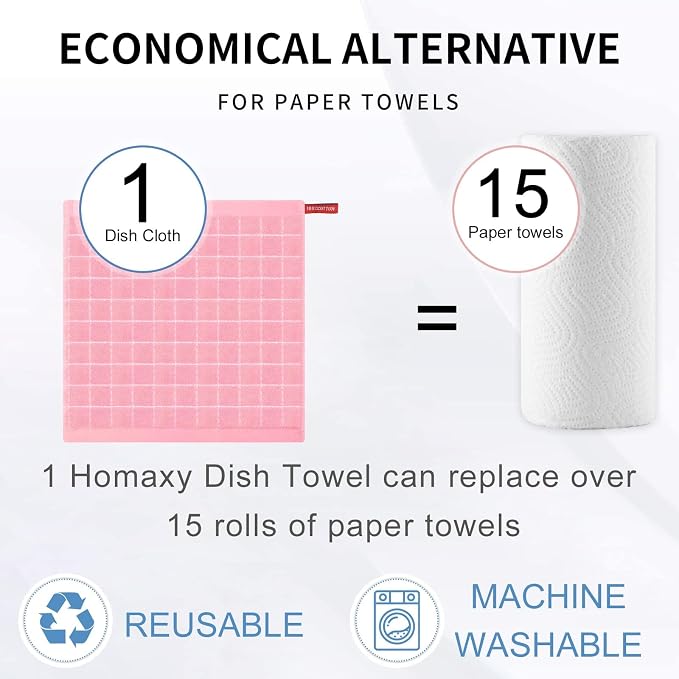 Homaxy 100% Cotton Terry Kitchen Dish Cloths, 8 Pack, Pink | Ultra Soft and Absorbent, Suitable for Drying and Washing Dishes
