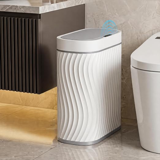 2.6 Gallon Automatic Bathroom Trash Can with Touchless Lid, White Grey | Motion Sensor Trash Can with Slim Waterproof Body; Small Plastic Garbage Can, hands-free lid for Bedroom, office, and kitchen