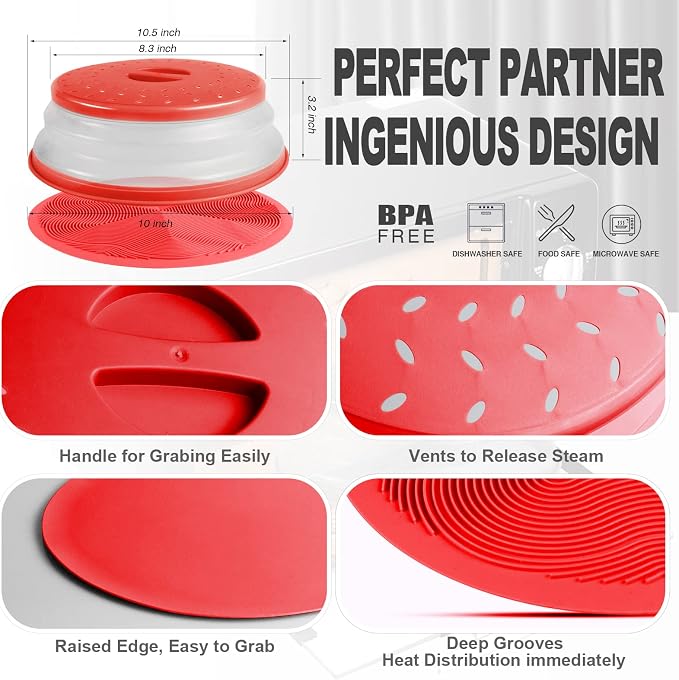 2 in 1, Aidacom Microwave Splatter Cover for Food & Silicone Microwave Mat, Mat as Bowl Holder, Trivet, Pot Holders, Drying, Baking, Utensils Rest for Kitchen Counter, Dishwasher Safe, Red