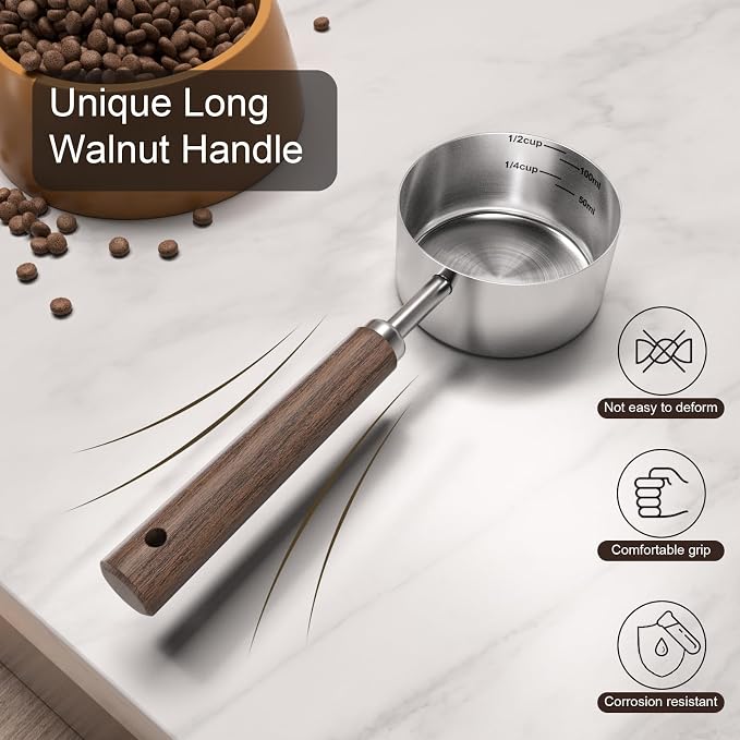 Dog-Cat Food Scoop Measuring-Cup - 1/2 Cup (4 Oz),304 stainless steels,Black walnut long handle…