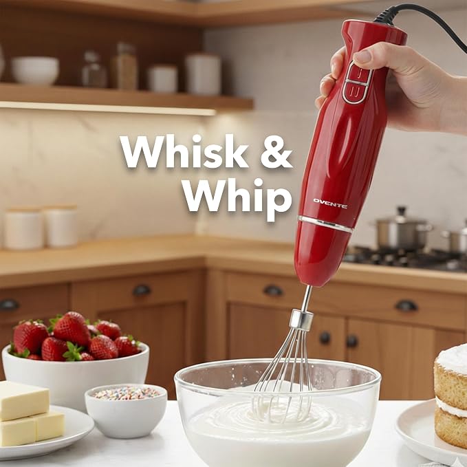 OVENTE Electric Hand Blender Set with 2 Mixing Speeds, 300W Red HS565R | Corded Immersion Handheld Stick Mixer with Stainless Steel Blades, Egg Whisk, Beaker & BPA-Free Food Chopper