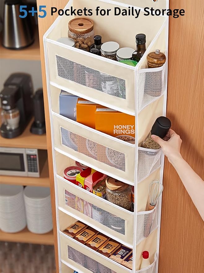 JARLINK Over the Door Organizer for Bedroom, Pantry Bathroom, 5 Shelf Beige | Anti-Tilt Design, 44 lb Load Capacity, Hanging Door Organizer with 5 Large Capacity Pockets, Behind Door Storage for Nursery