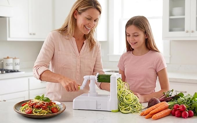 Brieftons 10-Blade Vegetable Spiralizer: Zoodle Maker & Veggie Noodle Maker, Potato String & Curly Fry Cutter, Japanese Steel Blades, Catch Container, Strong Suction Pad, 4 eBooks | Keto, Vegan, Paleo