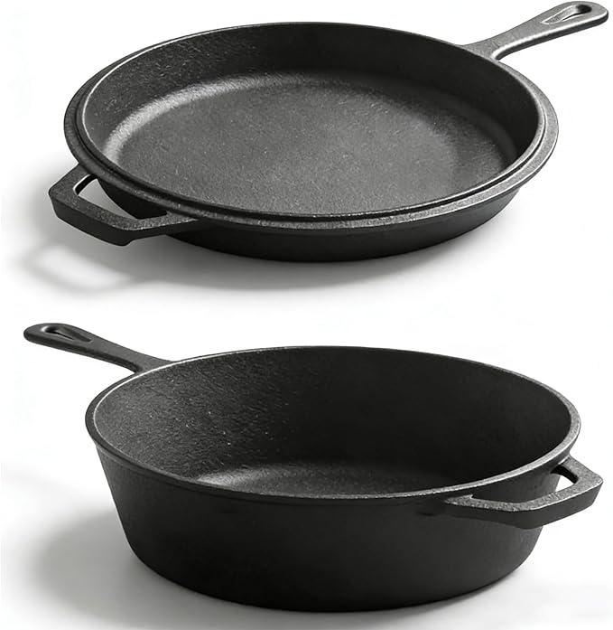 Cast Iron Double Dutch Oven Pot with Skillet Lid, Cast Iron Combo Cooker, Skillet with Lid, Deep Pot with Frying Pan for Bread Baking, Outdoor, Campfire Cooking (3 Quarts)