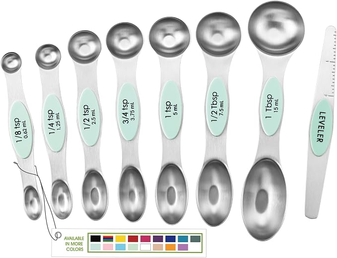 Spring Chef Stainless Steel 8 Magnetic Measuring Spoons for Kitchen, Mint | Dual Sided Metal Teaspoon & Tablespoon Measuring Spoons with Leveler for Dry & Liquid Ingredients, Nesting, Dishwasher Safe
