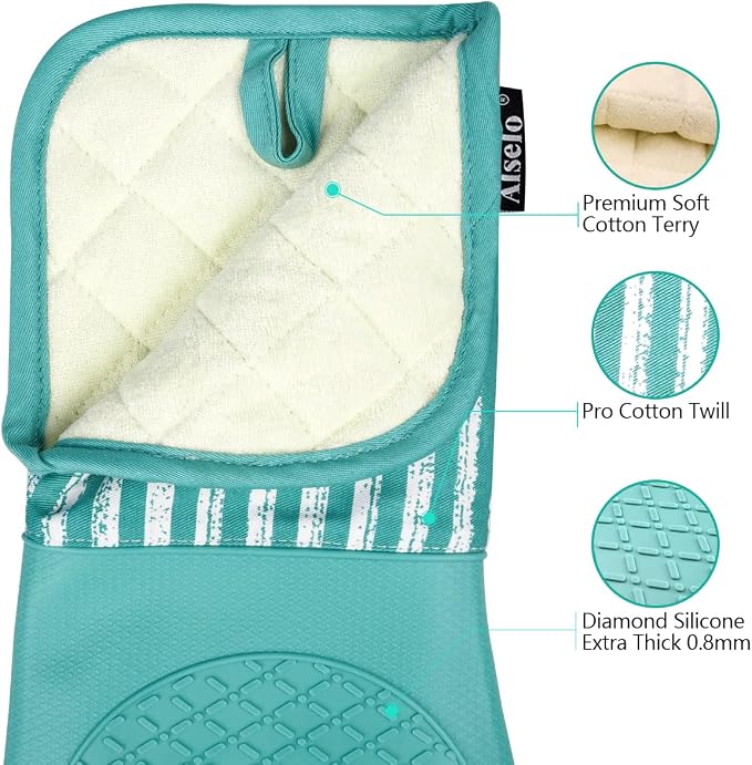 Alselo Silicone Oven Mitts Heat Resistant 932℉ with Waterproof & Non-Slip | Kitchen Mittens Set of 2,Extra Long 7.5"x15" Oven Gloves with Soft Cotton Terry Lining for Baking Cooking BBQ(Green,2)